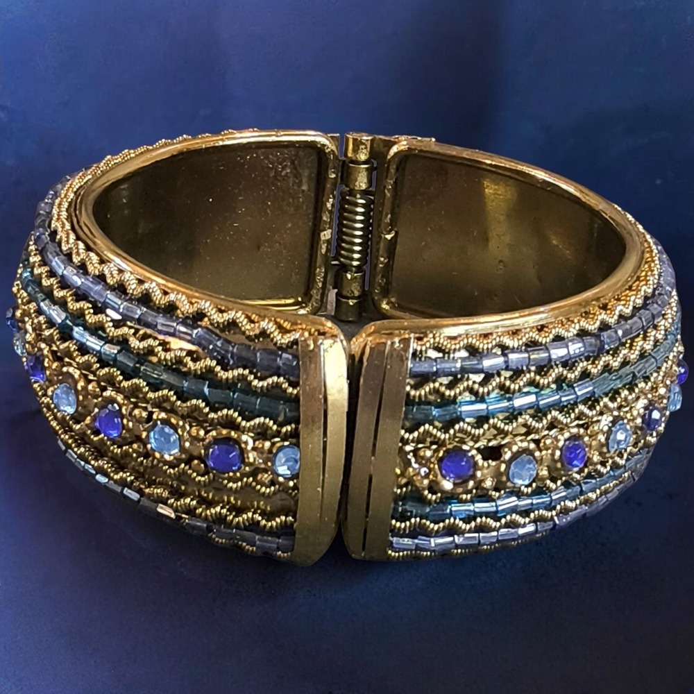 Vintage Indian Zardosi Blue Beaded Rhinestone Hinged Cuff Bracelet